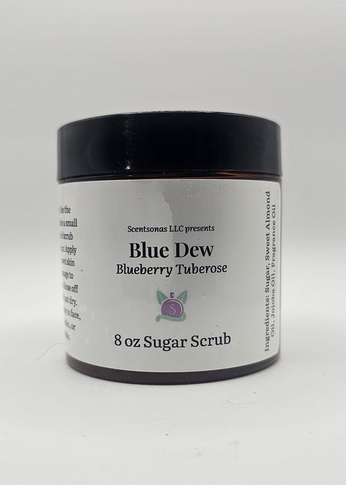 Jar of Blue Dew sugar scrub on a white background