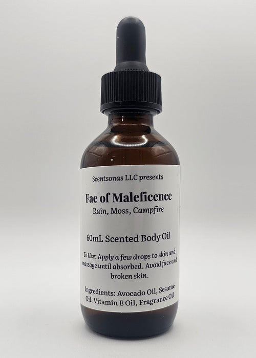 Bottle of Fae of Maleficence body oil on a white background