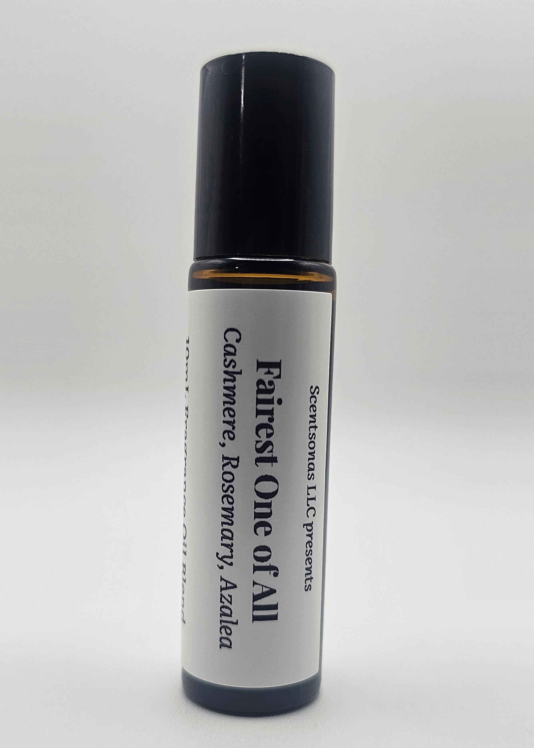 Roll-on bottle labeled 'Fairest One of All' with a black cap on a white background