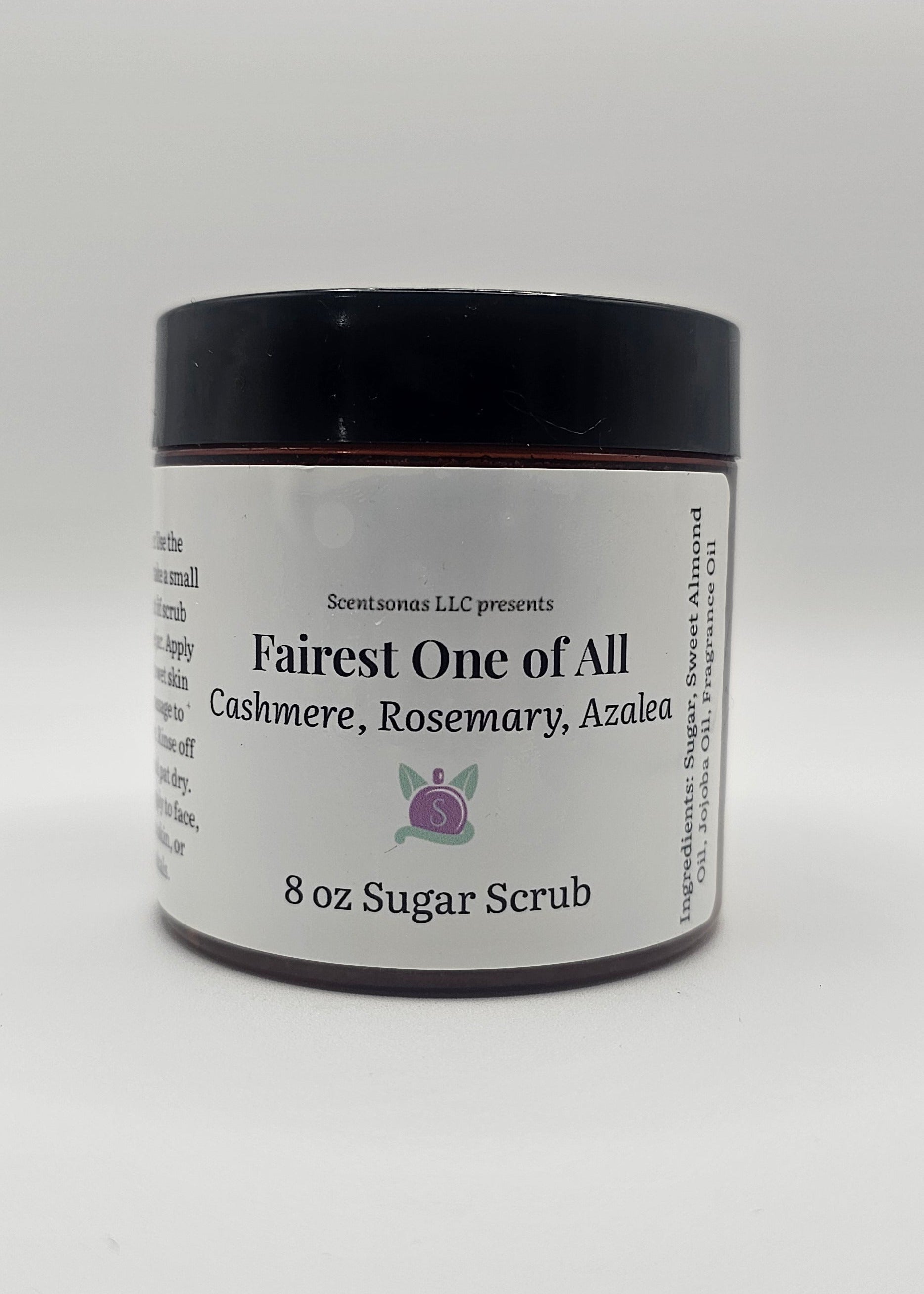 8 oz sugar scrub container with label on a white background