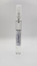 Clear spray bottle with a label on a gray background
