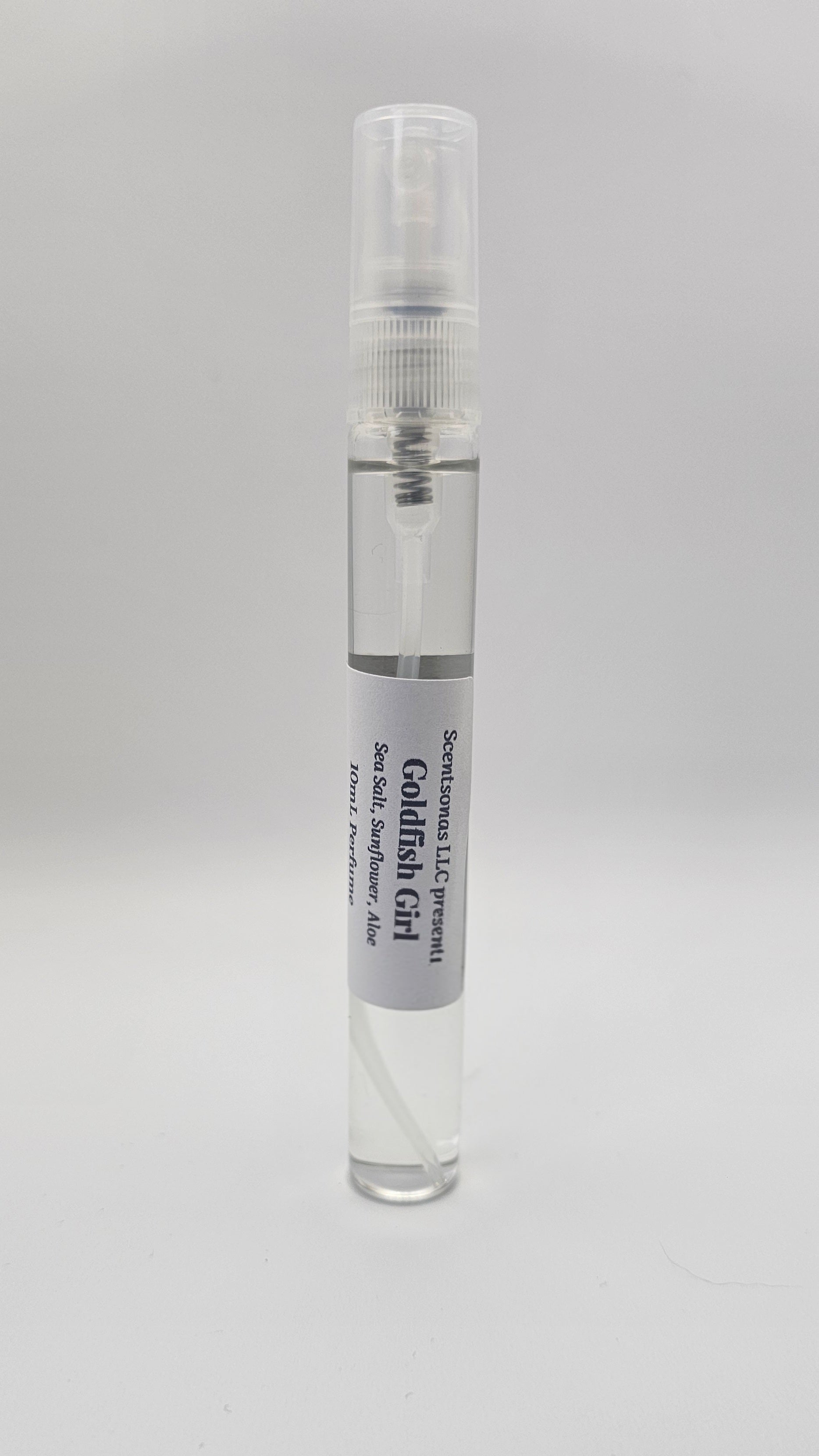 Clear spray bottle with a label on a gray background