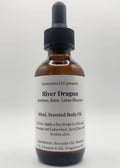 Bottle of River Dragon body oil with dropper on a white background