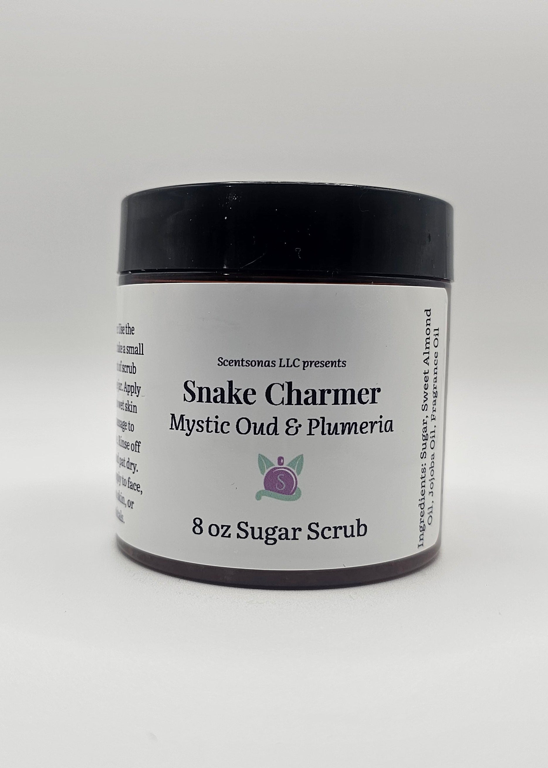 Jar of sugar scrub with a label on a white background