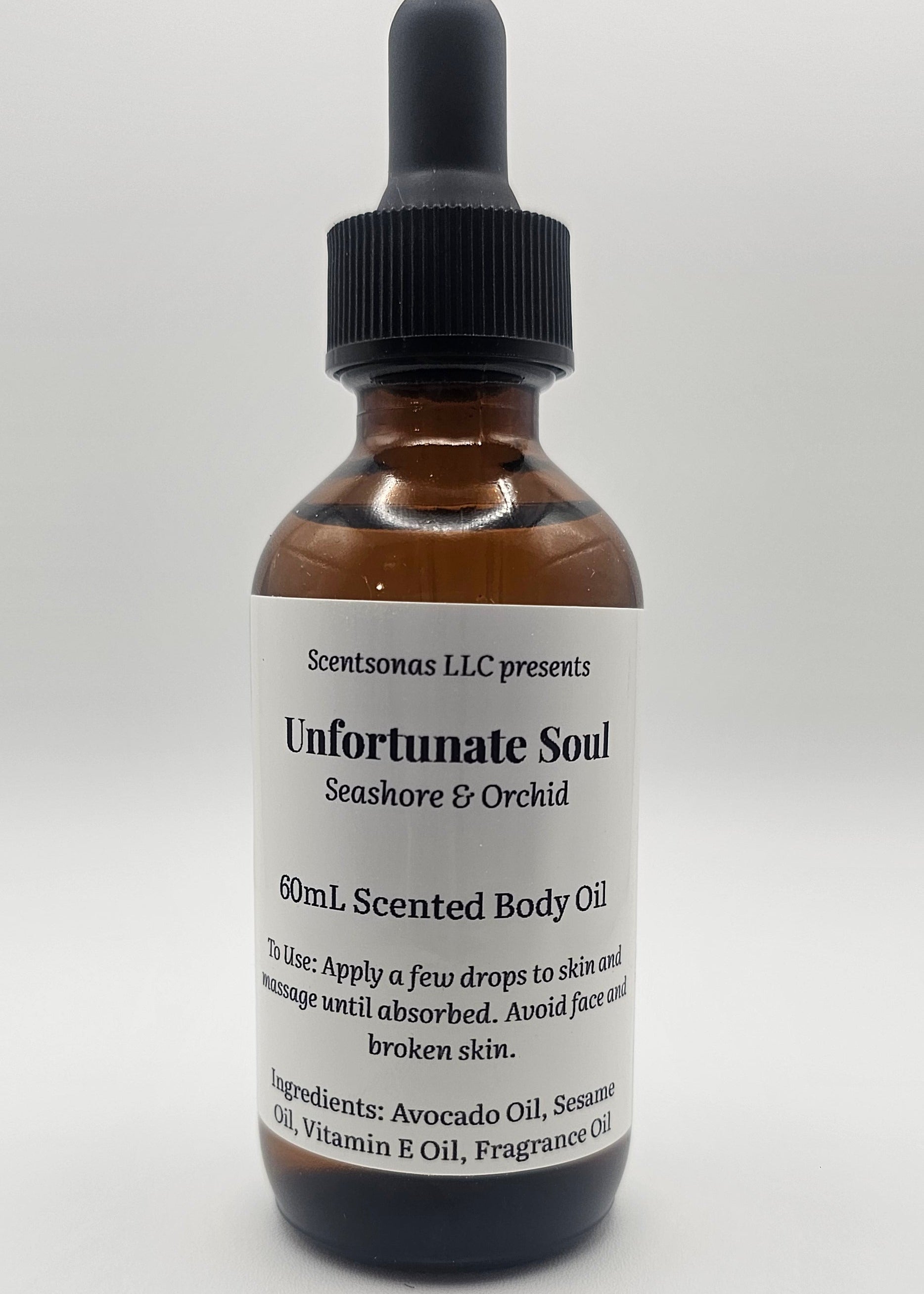 Bottle of 'Unfortunate Soul' oil with a dropper on a white background
