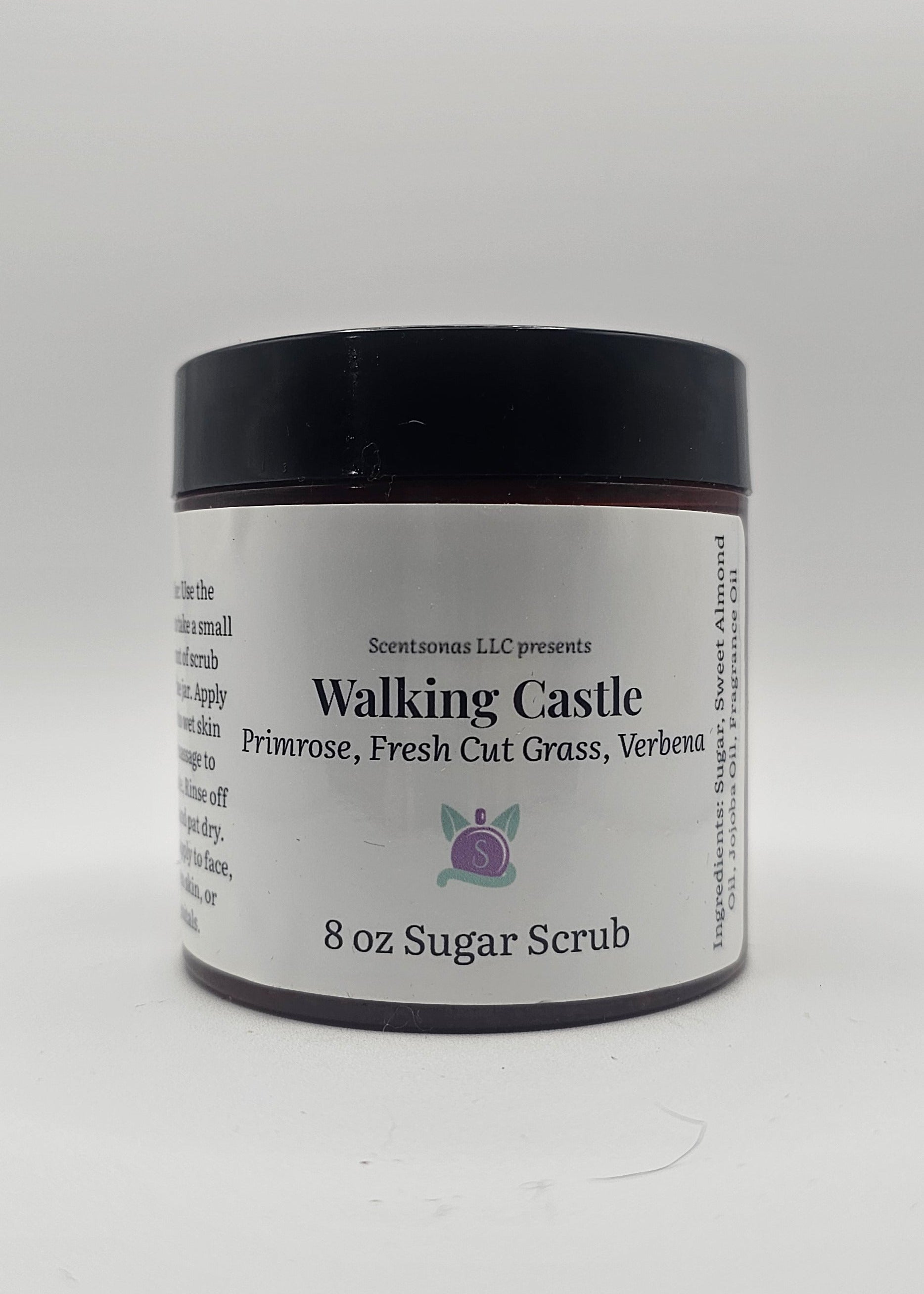 Jar of 'Walking Castle' sugar scrub on a white background