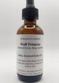 Bottle of Wolf Princess scented body oil on a white background
