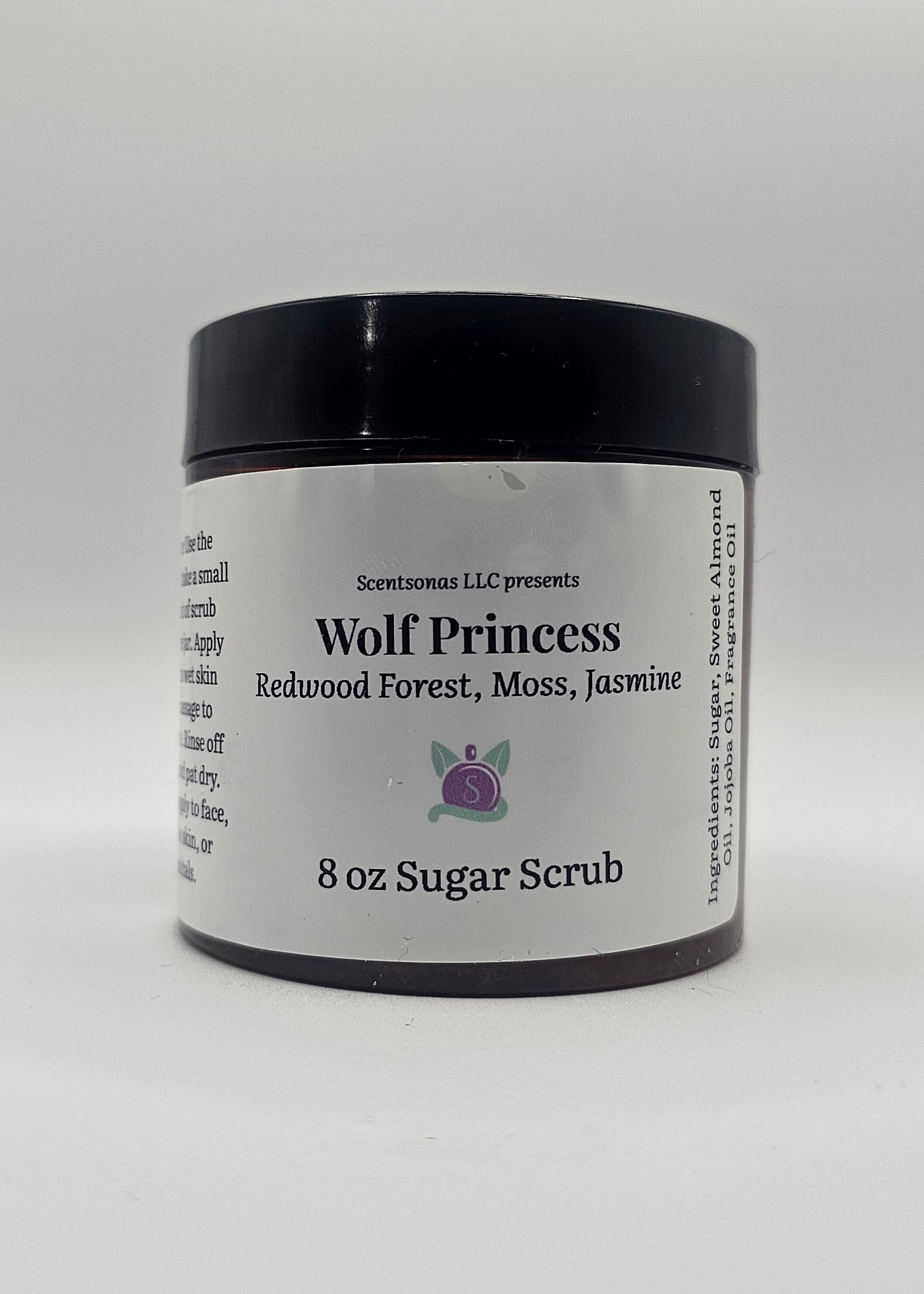 8 oz sugar scrub container with label on a white background